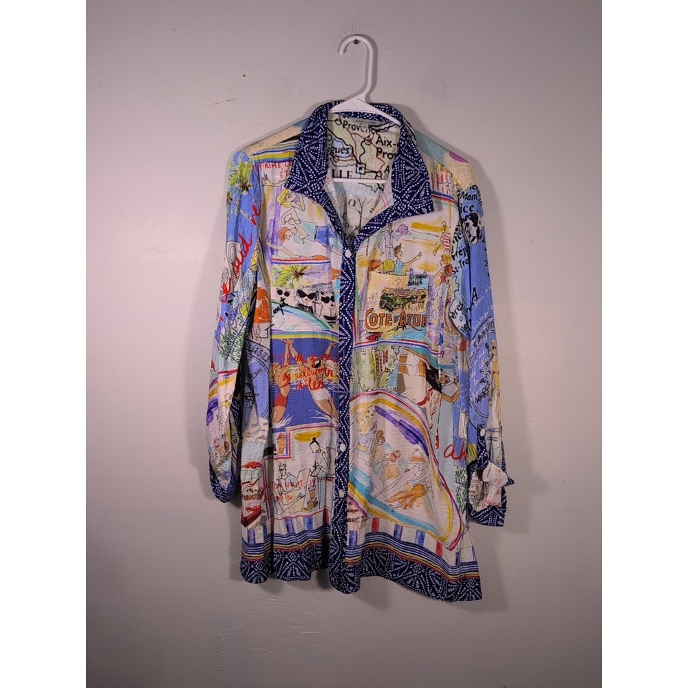 John Mark Artsy Boho Tunic Shirt Coverup Size L Multi Print Long Sleeve